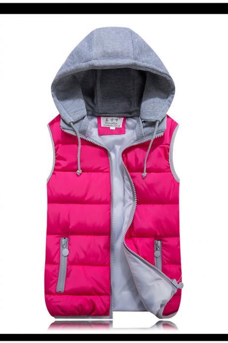 Kids Girls Boys Down Cotton Waistcoat Zipper Winter Warm Thicken Vest Hooded Children Sleevess Coat Jacket hot pink