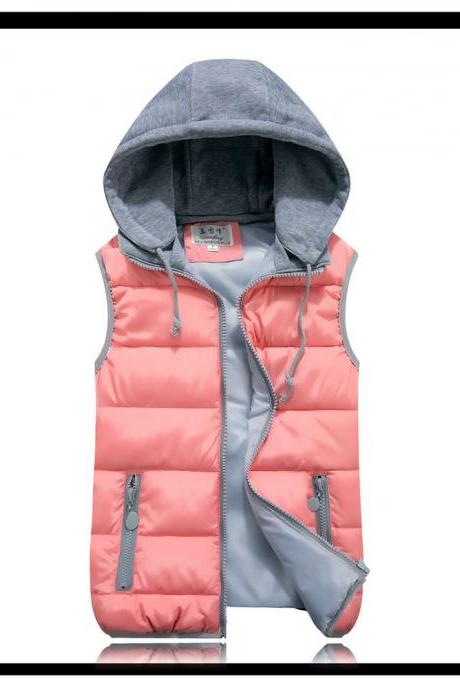 Kids Girls Boys Down Cotton Waistcoat Zipper Winter Warm Thicken Vest Hooded Children Sleevess Coat Jacket pink
