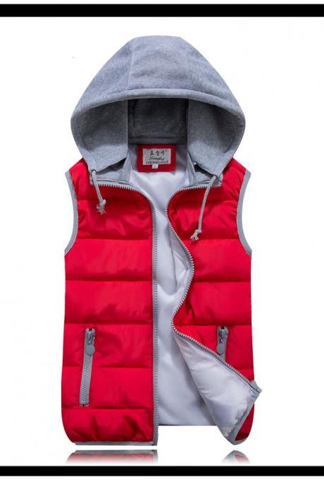 Kids Girls Boys Down Cotton Waistcoat Zipper Winter Warm Thicken Vest Hooded Children Sleevess Coat Jacket red