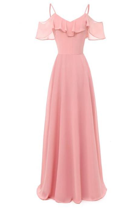 Women Chiffon Maxi Dress Ruffle Spaghetti Straps Off Shoulder Long Evening Party Bridesmaid Dress Pink