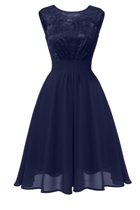 Women Lace Patchwork Casual Dress Sleeveless Hollow Out A Line Formal Party Bridesmaid Dress Navy Blue