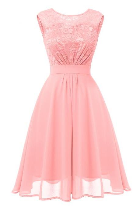 Women Lace Patchwork Casual Dress Sleeveless Hollow Out A Line Formal Party Bridesmaid Dress Pink