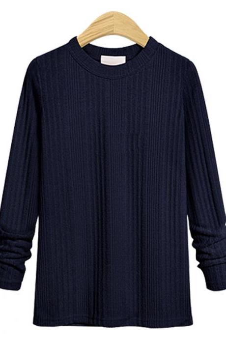 Plus Size Women Knitted Sweater Spring Autumn O Neck Long Sleeve Slim Pullover Tops navy blue