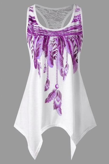 Women Asymmetrical Tank Tops Feather Printed Lace Summer Beach Casual Loose Plus Size Sleeveless T Shirt purple