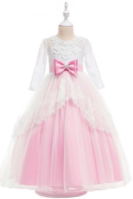 Lace Flower Girl Dress Long Sleeve Princess Teens Wedding Holy Communion Party Gown Children Clothes Pink
