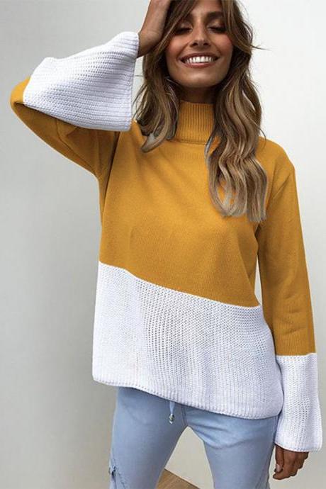 Women Knitted Sweater Autumn Winter Turtleneck Patchwork Casual Loose Long Flare Sleeve Pullover Tops Yellow