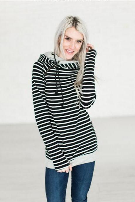  Women Striped Patchwork Hoodie Autumn Winter Casual Pullover Long Sleeve Pockets Hooded Sweatshirt 0598-black