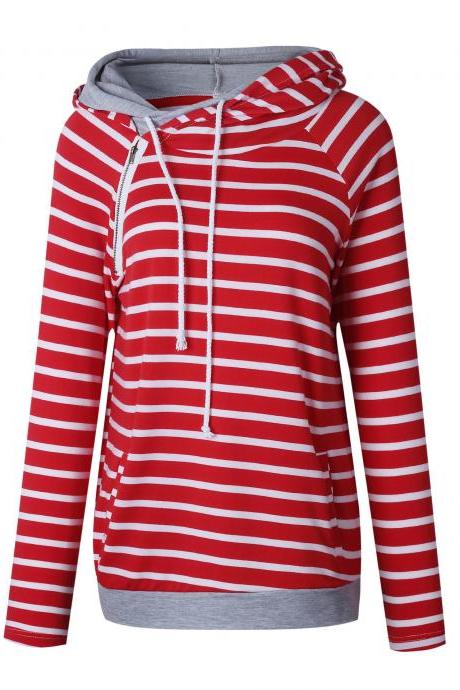 Women Striped Patchwork Hoodie Autumn Winter Casual Pullover Long Sleeve Pockets Hooded Sweatshirt 0598-red