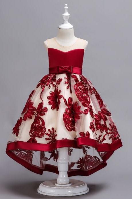 High Low Lace Flower Girl Dress Embroidery Trailing Formal Birthday Party Gown Children Clothes crimson