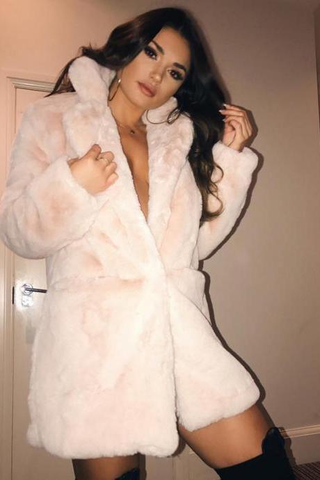 Women Faux Fur Coat Winter Long Sleeve Casual Warm Loose Open Stitch Jacket Cardigan Outwear light pink