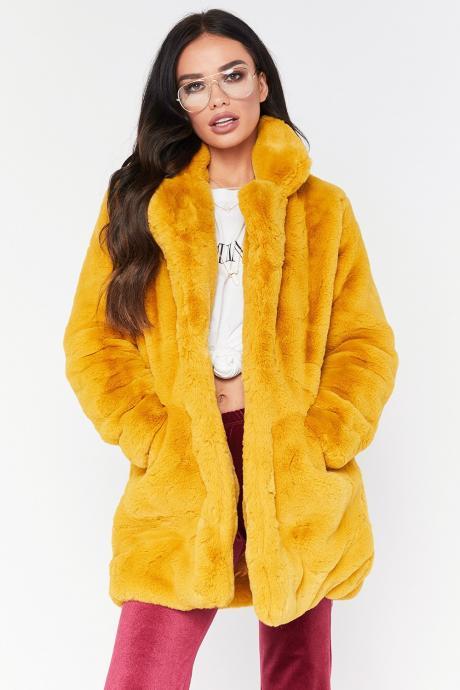 Women Faux Fur Coat Winter Long Sleeve Casual Warm Loose Open Stitch Jacket Cardigan Outwear yellow