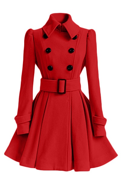 Winter Women Woolen Coat Casual Warm Female Double Breasted Slim Long Sleeve Thick Jacket Red