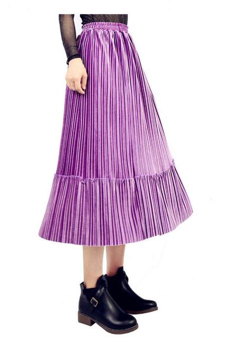 Women Velvet Pleated Skirt Autumn Winter Elastic High Waist Streetwear Below Knee Casual Midi Skirt purple