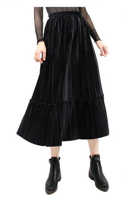 Women Velvet Pleated Skirt Autumn Winter Elastic High Waist Streetwear Below Knee Casual Midi Skirt Black