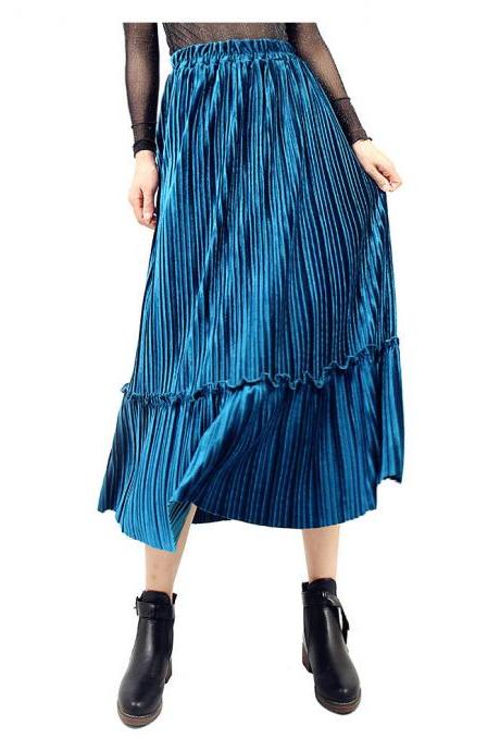 Women Velvet Pleated Skirt Autumn Winter Elastic High Waist Streetwear Below Knee Casual Midi Skirt Blue