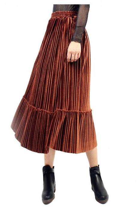 Women Velvet Pleated Skirt Autumn Winter Elastic High Waist Streetwear Below Knee Casual Midi Skirt Coffee