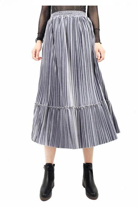 Women Velvet Pleated Skirt Autumn Winter Elastic High Waist Streetwear Below Knee Casual Midi Skirt Gray