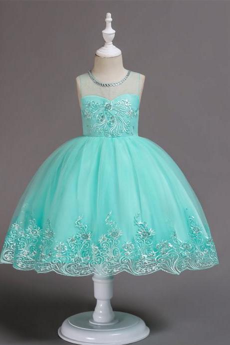 Embroidery Lace Flower Girl Dress Sleeveless Wedding Birthday Party Tutu Gown Children Clothes aqua