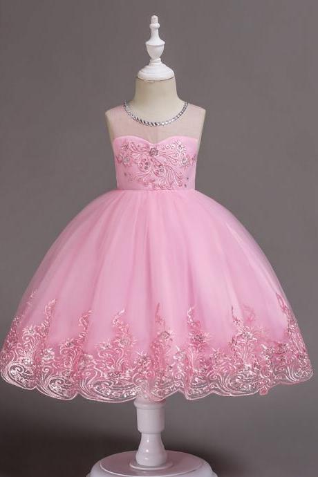  Embroidery Lace Flower Girl Dress Sleeveless Wedding Birthday Party Tutu Gown Children Clothes pink