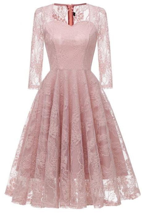 Vintage Floral Lace Dress Autumn 3/4 Sleeve Slim A Line Casual Work Office Party Dress pink