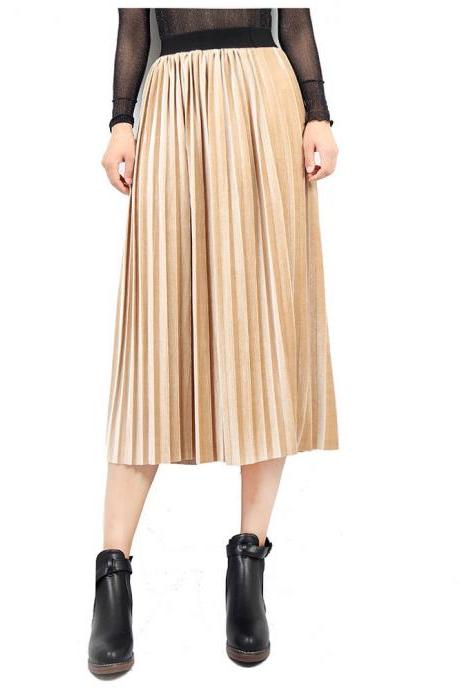  Women Velvet Pleated Skirt Autumn Winter Elastic High Waist Streetwear European Style Casual Midi Skirt apricot