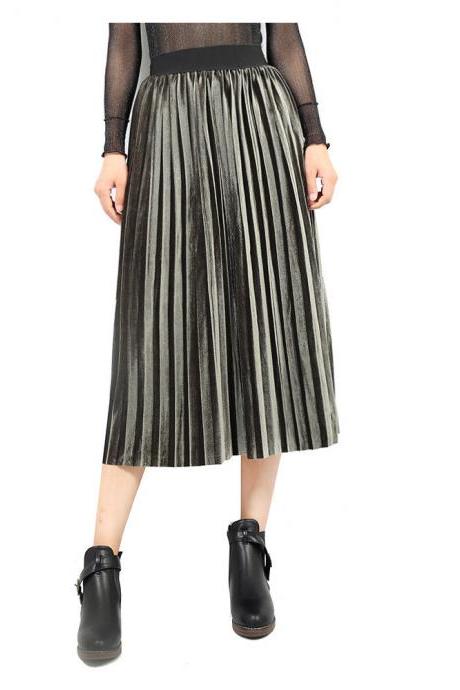 Women Velvet Pleated Skirt Autumn Winter Elastic High Waist Streetwear European Style Casual Midi Skirt Army Green