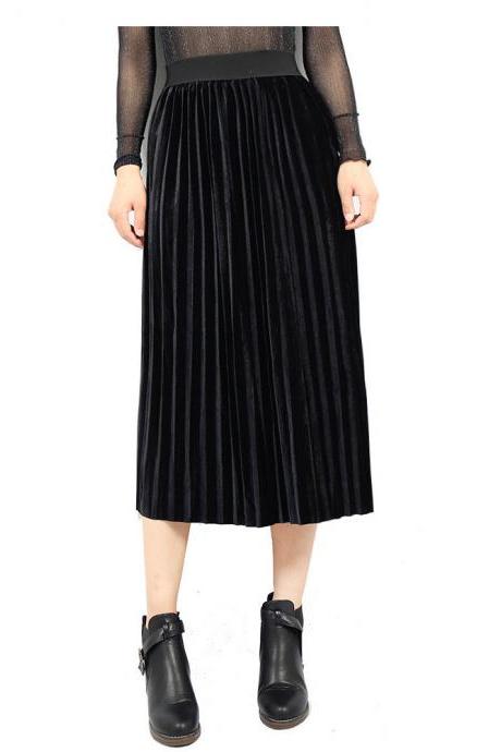 Women Velvet Pleated Skirt Autumn Winter Elastic High Waist Streetwear European Style Casual Midi Skirt Black