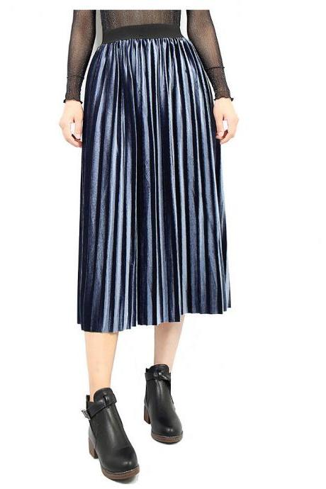 Women Velvet Pleated Skirt Autumn Winter Elastic High Waist Streetwear European Style Casual Midi Skirt blue