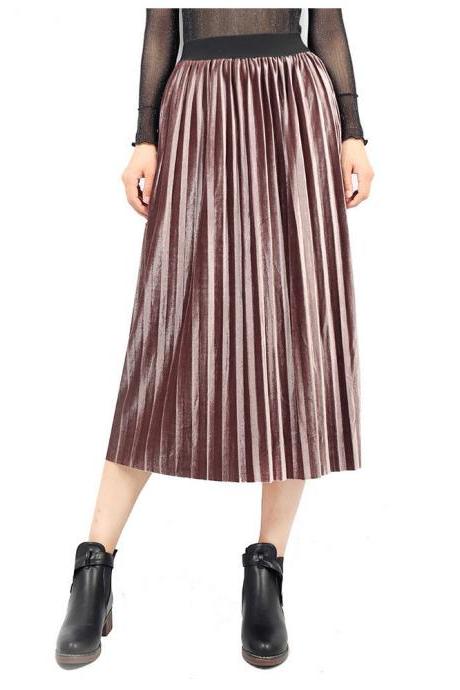 Women Velvet Pleated Skirt Autumn Winter Elastic High Waist Streetwear European Style Casual Midi Skirt Coffee