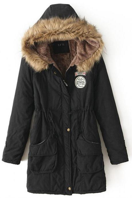 Winter Women Cotton Coat Parka Casual Military Hooded Thicken Warm Long Slim Female Jacket Outwear Black