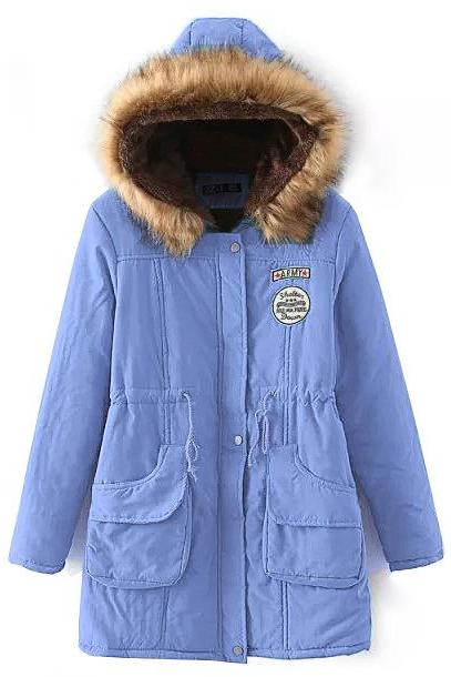  Winter Women Cotton Coat Parka Casual Military Hooded Thicken Warm Long Slim Female Jacket Outwear light blue