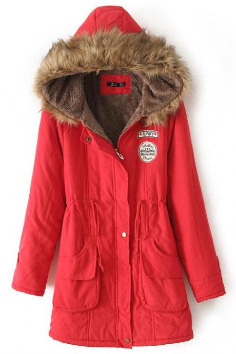 Winter Women Cotton Coat Parka Casual Military Hooded Thicken Warm Long Slim Female Jacket Outwear red