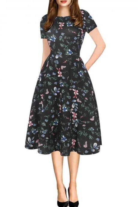 Women Floral Printed Slim Dress Vintage Short Sleeve Knee Length A-line Rockabilly Casual Party Dress1#