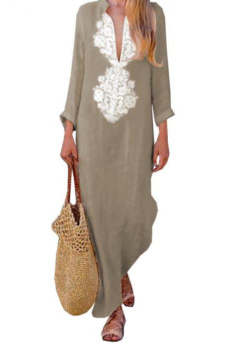  Women Maxi Dress Autumn V Neck Long Sleeve Cotton Linen Asymmetrical Side Split Casual Long Dress khaki