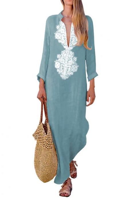 Women Maxi Dress Autumn V Neck Long Sleeve Cotton Linen Asymmetrical Side Split Casual Long Dress light blue