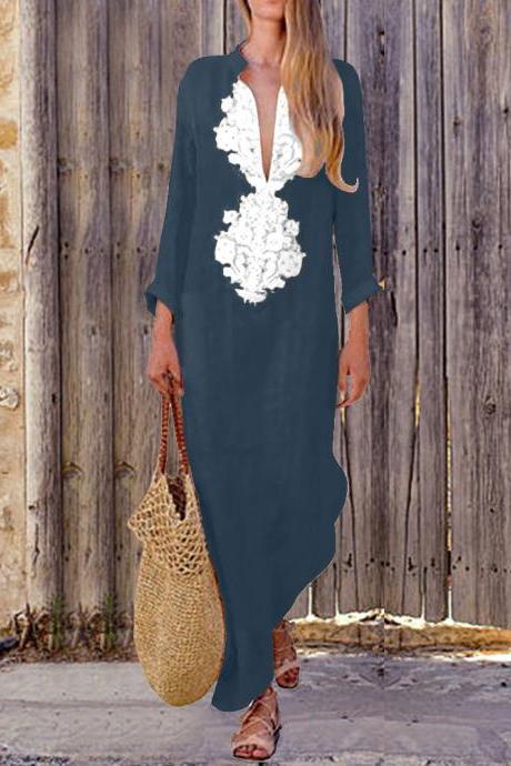Women Maxi Dress Autumn V Neck Long Sleeve Cotton Linen Asymmetrical Side Split Casual Long Dress navy blue