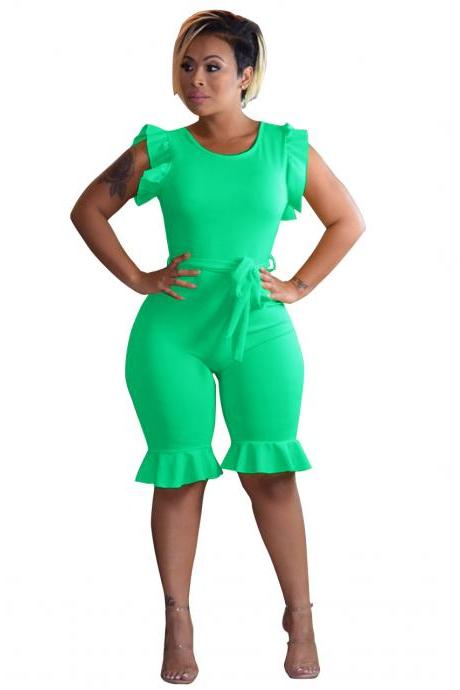  Women Sleeveless Jumpsuit Ruffles Belted Knee Length Casual Slim Night Club Party Rompers green
