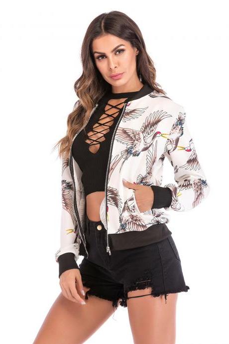 Women Baseball Uniform Coat Crane/floral/striped Printed Autumn Long Sleeve Zipper Casual Slim Jacket Outerwear1#