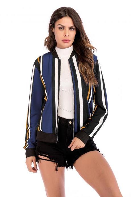 Women Baseball Uniform Coat Crane/Floral/Striped Printed Autumn Long Sleeve Zipper Casual Slim Jacket Outerwear 6#