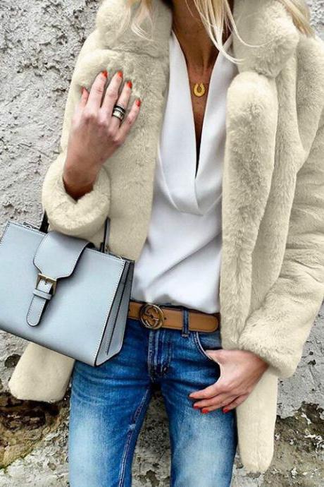 Woman Faux Fur Coat Winter Warm Long Sleeve Lapel Neck Casual Long Jacket Outwear Apricot