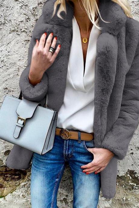 Woman Faux Fur Coat Winter Warm Long Sleeve Lapel Neck Casual Long Jacket Outwear Dark Gray