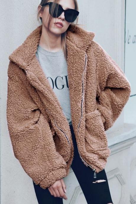 Women Faux Fur Coat Winter Turn-down Collar Thick Warm Casual Long Sleeve Plush Jacket Outwears Camel