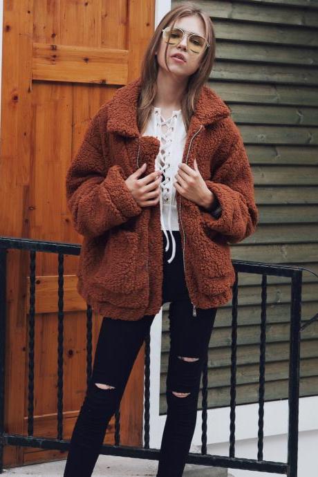 Women Faux Fur Coat Winter Turn-down Collar Thick Warm Casual Long Sleeve Plush Jacket Outwears Coffee