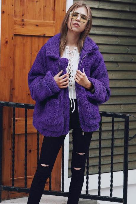 Women Faux Fur Coat Winter Turn-down Collar Thick Warm Casual Long Sleeve Plush Jacket Outwears Purple