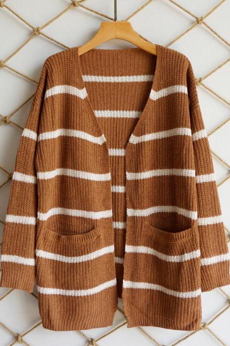 Women Striped Printed Cardigan Coat Autumn Streetwear Long Sleeve Knitted Casual Loose Sweater Jacket Outwear Coffee