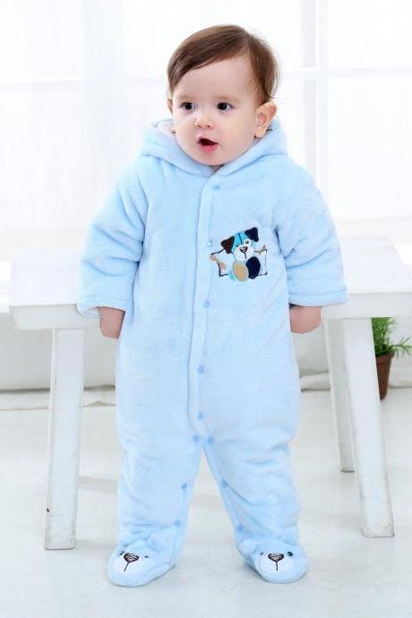 Infant Kids Baby Boys Girls Flannel Jumpsuit Autumn Winter Cute Warm Hooded Long Sleeve Cartoon Romper Outfits light blue solid