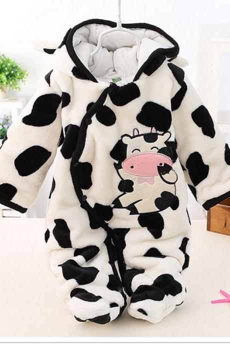 Infant Kids Baby Boys Girls Flannel Jumpsuit Autumn Winter Cute Warm Hooded Long Sleeve Cartoon Romper Outfits Off White