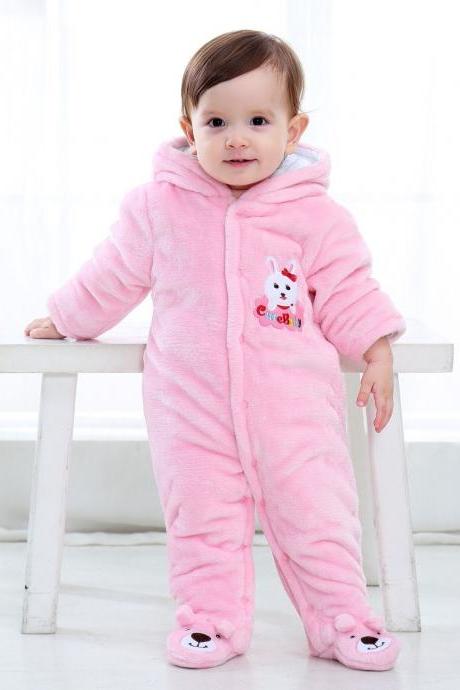 Infant Kids Baby Boys Girls Flannel Jumpsuit Autumn Winter Cute Warm Hooded Long Sleeve Cartoon Romper Outfits Pink Solid