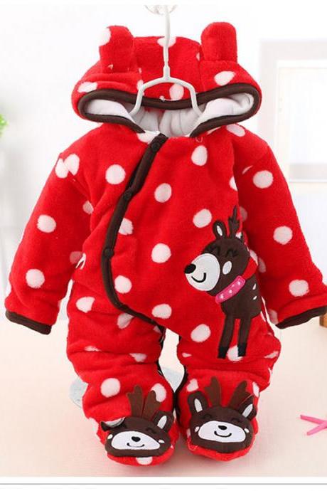 Infant Kids Baby Boys Girls Flannel Jumpsuit Autumn Winter Cute Warm Hooded Long Sleeve Cartoon Romper Outfits red