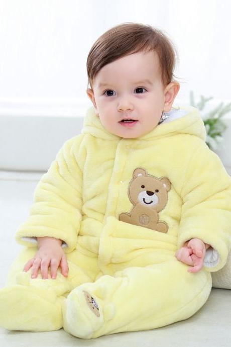Infant Kids Baby Boys Girls Flannel Jumpsuit Autumn Winter Cute Warm Hooded Long Sleeve Cartoon Romper Outfits Yellow Solid